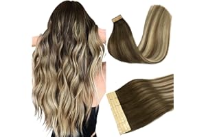 DOORES Extension Capelli Veri Biadesivo, Ombreggiatura dal Castano Noce al Castano Cenere e al Biondo Candido 45cm 18 pollice 50g 20pcs, Tape in Remy Capelli Lisci