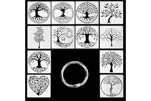 RONGWANGFU Lot de 12 pochoirs d'arbre de vie pour peindre sur bois, aérographe, plantes naturelles, petits palmiers avec anneau en fer
