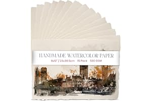 WANDERINGS Papier Aquarelle Ultra Épais Fait Main Avec Bord Frangé - 22,9 X 30,5 Cm - 500 G/M² - Papier Mixte Texturé Blanc Cassé/Ivoire Pressé À Froid Fabriqué Avec Du Coton Recyclé - 15 Feuilles