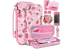 TIKOdirect Carrying Case for Switch Lite, Pretty Shockproof Portable Travel Bag with Soft Protective Case, Screen Protectors, Cute Thumb Grips Caps and Game Card Case, Pink