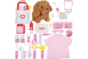 TEUVO Valigetta Medica per Bambini, in Legno, per Veterinario, per Bambini, con Camice Medico, Vero Stetoscopio, Termometro, Veterinario Pratica Giochi di Ruolo Giocattolo Regalo 2 3 4 5 6 7 8 Anni