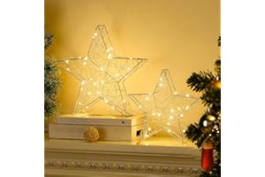 Kssiaz Tischlampe, 2 Stück LED Sterne Deko Weihnachten Nachttischlampe mit Timer, Batteriebetrieben/USB-betrieben Tischdeko Weihnachtsbeleuchtung Eisenrahmen Sterne Weihnachten, Silber