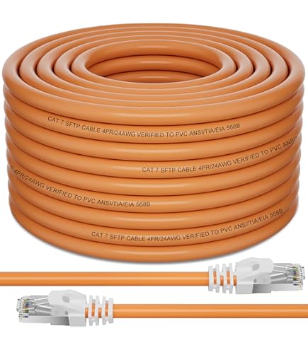 Câble Réseau CAT 7 - 50 Mètres - Sans Halogène LSZH - Blindé S/FTP - Pour Connexion Gigabit Et 10G - Câble D'installation Solide - 8 Fils AWG 23 - Orange
