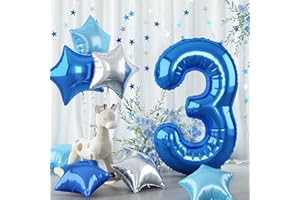 GOVPY Luftballon 3. Geburtstag für Kinder, Große Dunkelblau Silber Stern Zahl 3 Folienballon Deko, 40'' Helium Hellblau Pastell Blau Zahlen 3 Ballon für Jungen 3 Jahr Geburtstag Jubiläum Party Dekoration