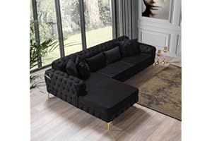 HOMEOLOGY SOFA DIRECT Snooze Luxury Chesterfield Seater Plush Velvet L-Shaped Corner Sofa – Deep Button-Tufted Design with Elegant Gold Metal Legs – Chaise Lounge Couch (Black Plush, Fabric Swatch)