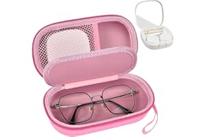 GWCASE Portable 2 in 1 Contact Lens Case and Glasses Case, Traveling Cases Bag Box Holder with Soak Storage Kit Included Built-in Mirror, Tweezer, Contact Lens Solution Bottle and Hand Strap-Pink