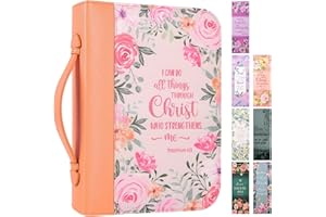 Faithful Hers Bible Cover Case for Women with 7 Beautiful Paper Bookmarks Floral PU Leather Bible Cover Bag with Pockets and Zipper for Standard and Large Size Study Bible 10.8''x7.8''x2'', Pink