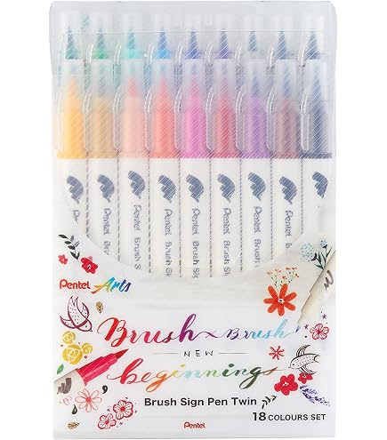 Pentel SESF30C Lot De 4 Stylos Pinceaux Extra Fines - Noir, Orange, Rose, Bleu - Pointe Pinceau Nylon