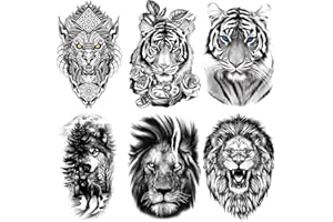 AIBAOBAO Tatuaggi Temporanei Uomo,6 Fogli Tatuaggi Temporanei Grandi Impermeabili, Tatuaggi Lupo Leone Tigre, Tatuaggi Finti Realistici, Adesivi Tatuaggi Trasferelli Adulti, per Corpo Petto Spalla