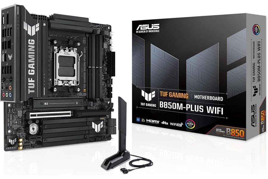 Amazon listing image: ASUS TUF Gaming B850M-PLUS WiFi AMD AM5 B850 mATX Motherboard, 14+2+1 80A DrMOS Stages,…