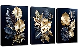 FAJERMINART 3 Pcs Fleurs bleu marine or feuilles de coco Tableau Décoration Murale Salon Impression sur Toile Image sur Toile Abstraite Peintures sur Toile Décoration Murale pour Chambre Maison Bain 30x40cmx3pcs