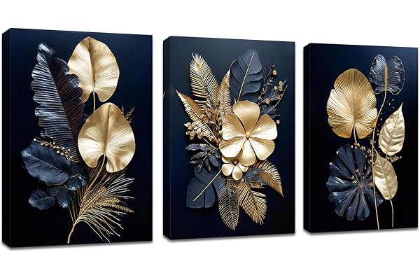 3 Pcs Fleurs bleu marine or feuilles de coco Tableau Décoration Murale Salon Impression sur Toile Image sur Toile Abstraite Peintures sur Toile Décoration Murale pour Chambre Maison Bain 30x40cmx3pcs
