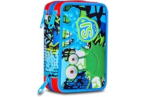 SJ GANG STYLE JAM GANG Astuccio Scuola 3 Zip,Blu, Portapenne Triplo Scomparto Completo Di Penne, Matite, Colori, Accessori Zaino, Scuola Elementare, Bambino