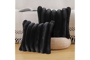 Madizz Lot de 2 Housses de Coussin en Peluche en Fausse Fourrure Housse de Coussin décorative Douce à Rayures moelleuses pour Coussin de Chambre à Coucher de canapé Noir 45 x 45 cm