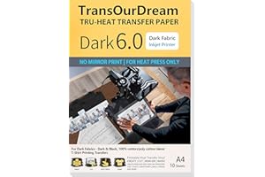 TransOurDream Tru Heat Transfer Paper for Dark T Shirts & Fabrics (10 Sheets A4, Dark 6.0) Iron On Transfer Paper with Inkjet Printer Easy to Cricut Bright Colors Printable htv (Trans-06-10)