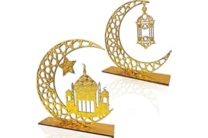 BAEIDO 2PCS Ramadan Mubarak Table Decorations, Wooden Eid Kareem Tabletop Sign for Home Room Centrepieces, Novelty Hollow Star Moon Lanterns Castles Ornament for Islamic Muslim Al-Fitr Party Supplies
