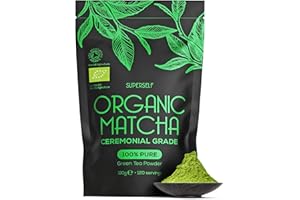 SuperSelf Organic Matcha Powder - Ceremonial Grade & 100% Pure - Smooth Taste & Vibrant Green - Macha for Straight Tea, Lattes, Baking - Certified Organic - Japanese Stone Ground Method - Large 120g