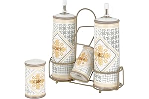 Baroni Home Menage Olio Aceto Sale Pepe in Ceramica con Stand in Metallo, Accessorio da Cucina Colorato Resistente, Linea Domus, 21X8X22cm
