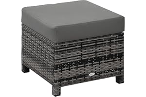 Outsunny Rattan Footstool Wicker Ottoman with Padded Seat Cushion Outdoor Patio Furniture for Garden Poolside Living Room, 50 x 50 x 35 cm, Grey