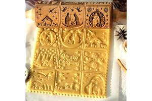 TASHCE Mattarello, Mattarello In Legno 3D per Goffratura, Superficie Antiaderente, 9 Diversi Modelli di Griglia della Finestra per Biscotti, Griglia Quadrata