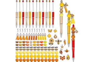 WEWAYSMILE 12 Pcs Beadable Pens Bead Pens with Assorted Bead Colorful Pendant DIY Craft Kits Black Ink Bead Pen for Office School Gift Supply (Yellow)