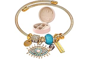Davaco Set de Pulsera de Charms Dorados con Ojo Turco – Amuleto de Protección en Acero Inoxidable + Joyero Elegante – Joyería Mística para Mujeres – Regalo Significativo para Toda Ocasión