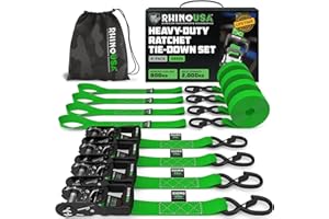 Rhino USA Ratchet Straps Heavy Duty Kit (4-Pack) - 4cm x 2.4m (2,000kg Break Strength) - Ultimate Tie Down Straps with Safety S Hooks for Trucks, ATV, UTV, Motorcycle, Cargo & More - Green