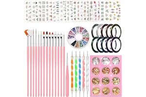 Pinkiou Nail Art Decoration Kits, Nail Design Kit With 24 Sheets Of Nail Art Stickers, 15pcs Nail Brushes, 5pcs Nail Dot Tools, 10 Rolls Of Nail Strip Tape And Colour Rhinestones