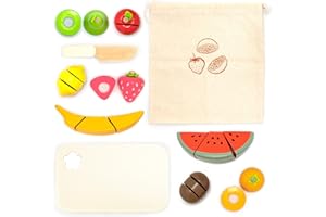 UMU® Set di taglio per frutta in legno per bambini – giocattolo da cucina con cibo per tagliare e accessori per la cucina dei bambini (coltello in legno, tagliere, sacchetto di frutta), giocattolo in