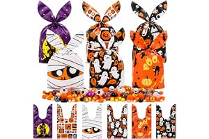 QingWing 120 stycken Halloween-godispåse med kaninöron | Halloween Godispåsar, 6 mönster, återanvändbara godispåsar, bus elle