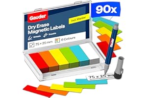 GAUDER Magnetic Labels Writable - Reusable Magnetic Tags for Whiteboard, Blackboard, Kanban Board and Fridge - Magnet Cards with Marker (90 Pieces - 75 x 25 mm)