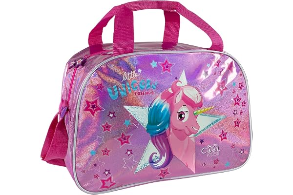 PERLETTI Sac de Sport Fantaisie pour Fille Rose et Argent - Sac de Voyage et Loisirs à Bandoulière pour Fillette - Sac de Gym Réfléchissant Coloré avec Étoiles - 28x41,5x21 cm
