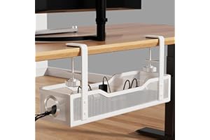 Under Desk Cable Management Tray, Cinati 16" Cable Management Under Desk with Clamp No Drill, Cable Organizer for Table Thickness up to 3", No Damage to Cable Management Box for Office, Home (White)
