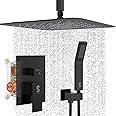 SR SUN RISE 16 Inches Matte Black Shower Set System Bathroom Luxury Rain Mixer Shower Combo Set Ceiling Mounted Rainfall Shower Head Faucet (Contain Shower Faucet Rough-In Valve Body and Trim)