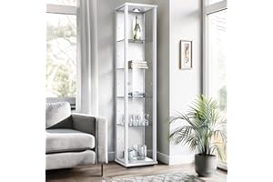 K-Möbel Vitrina expositora para Colecciones (176x37x33cm) - Fabricado en Alemania - Armario bajo Puertas correderas Blanco con 4 estantes de Vidrio Ajustables y LED - Vitrinas de Cristal Salon