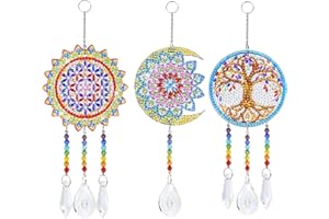 WEDNOK 3pcs Diamond Painting Wind Chimes DIY Craft Kit with Crystal Pendant Double Sided Rhinestone for Window Home Garden Decoration(Moon,Sun,Tree)