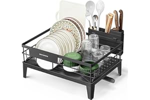 SONGMICS Scolapiatti, Portapiatti da Cucina, Beccuccio Estensibile e Girevole a 360°, Raccogligocce, con Portaposate, 31 x 42 x 18,5 cm, Nero Inchiostro KCS550B01
