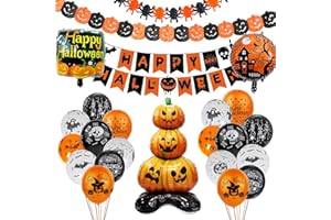 Ligtmor Halloween Deko Set, Halloween Dekoration Innen, Happy Halloween Grusel Girlande + Kürbisse und Spinnen Wimpelgirlande + Halloween Aluminium Luftballons + Halloween Latex Ballons