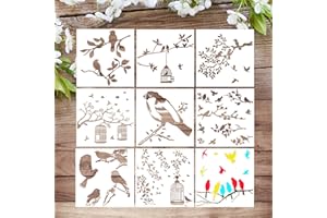 VETPW 9 Piezas Pájaro Plantillas de Pintura Reutilizables, Plantillas de Dibujo DIY con Diseño de Pájaro Rama Hoja Set de Plantillas para Madera, Suelos, Ventana, Muebles, Diseño de Paredes, 20x20CM