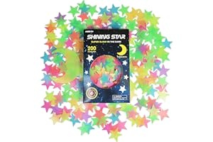 GLOCARNIVAL Stelle Fluorescenti Adesive Soffitto, 200 Pezzi 3D Stelle e Luna Luminose da Parete Decorazione per Camera di Bambini, Stelline Adesive Luminose Colorate per Cameretta, Crea il Tuo Cielo Stellato