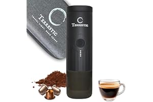 Terrestic Machine à expresso électrique portable Dose + étui de transport rigide – pour café moulu et capsules Nespresso, fonctionne sur batterie et charge USB-C, pour voiture, camping (Noir Mat)