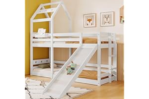 Kayan Wooden Bunk Bed Tree house with slide & ladder 90 x 190 cm, 3FT Cabin Bed for children - 2x slatted frame - White