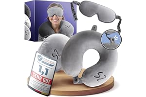 Vacanity 2in1 Snooze Zone – Größenverstellbares Memory Foam Nackenkissen Flugzeug, einzigartiges Reisekissen, kompakt verstaubar, praktisches Nackenhörnchen für Reisen – Grau