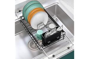 URACKIFY Scolapiatti da Lavello, Scolapiatti da Appoggio Espandibile Sopra il Lavello con Supporto per Utensili, Scolapiatti Antiruggine con Maniglia Antiscivolo, Scolapiatti Piccolo per Piano Cucina, Nero