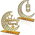 2PCS Ramadan Mubarak Table Decorations, Wooden Eid Kareem Tabletop Sign for Home Room Centrepieces, Novelty Hollow Star Moon Lanterns Castles Ornament for Islamic Muslim Al-Fitr Party Supplies