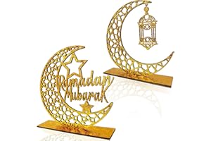 BAEIDO 2PCS Ramadan Mubarak Table Decorations, Wooden Eid Kareem Tabletop Sign for Home Room Centrepieces, Novelty Hollow Star Moon Lanterns Castles Ornament for Islamic Muslim Al-Fitr Party Supplies