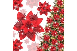 XIMISHOP 24 Pieces Glitter Christmas Poinsettia Flowers，Large Red Artificial Poinsettia Christmas Flowers for Xmas Tree Wreath Decorations Wedding Party Decor