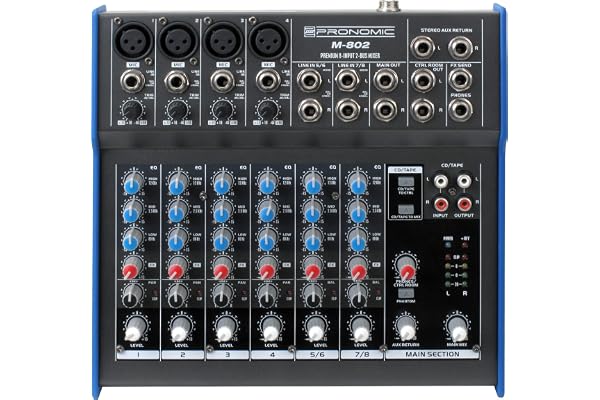 Table de Mixage Pronomic M-802 Live/Studio (4 Canaux Mono XLR/Jack, 2 Canaux Stéréo, EQ 3 Bandes, Alimentation Phantom 48V)