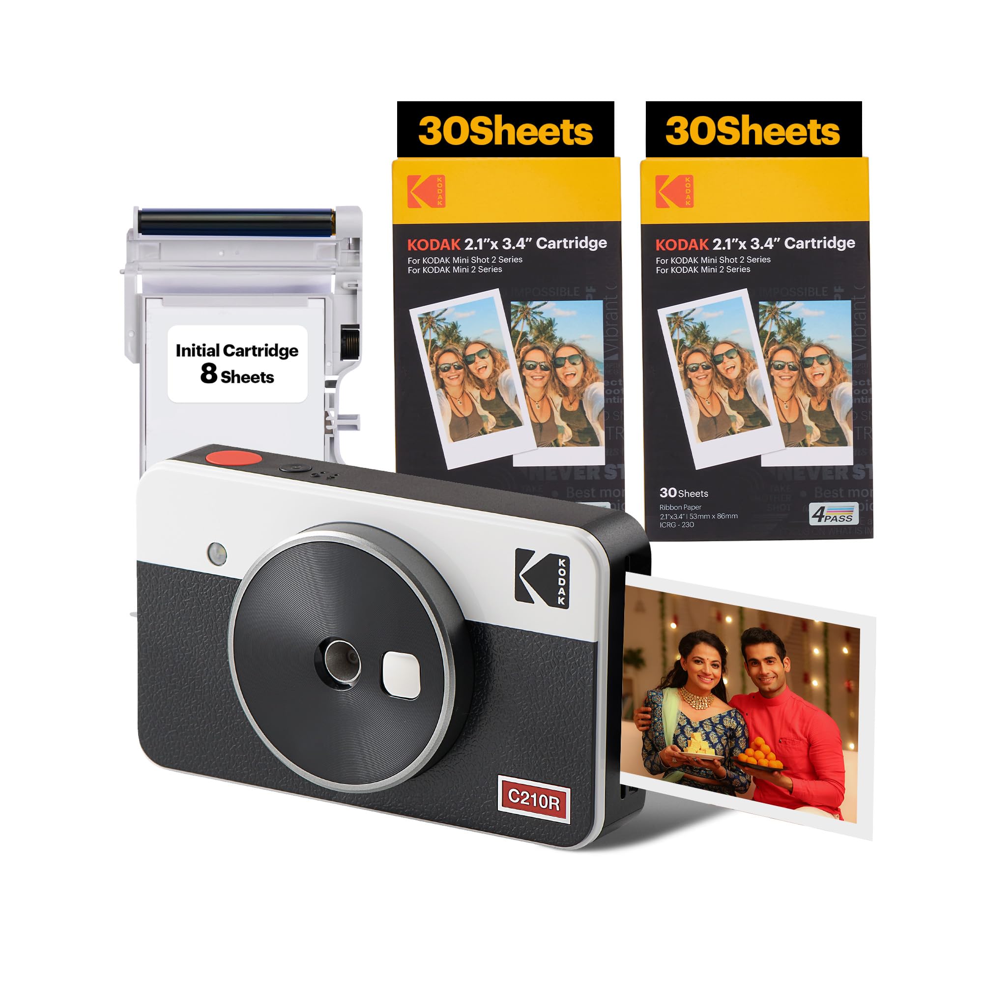 KODAK Mini Shot 2 Retro 4PASS 2-in-1 Instant Camera and Photo Printer (2.1x3.4 inches) + 68 Sheets Bundle, White