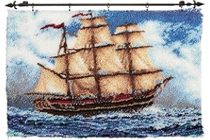 VIONNPPT 3D Ocean-Serie Teppich Latch Hook Kit Knüpfen Set für Erwachsene oder Kinder Zum Selber, DIY Knüpfteppich Geschenk, Knüpfhaken Set mit Vordruck (Segelboot,50cmx38cm)